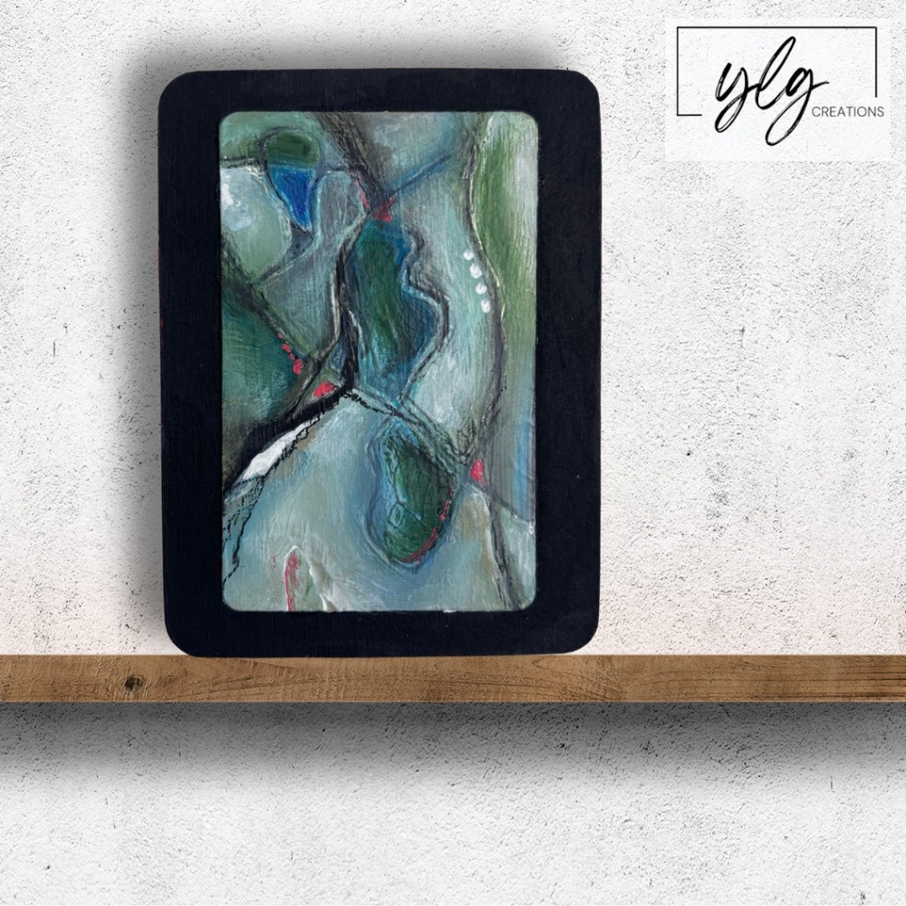 Abstract Painting Mini Green Blue Red Black 3 x 4 inches Sea Green